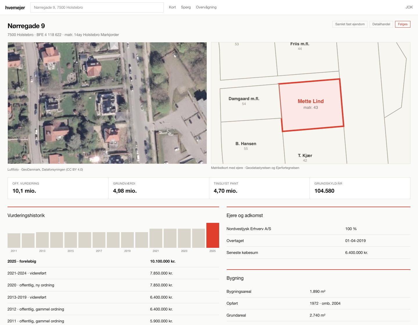 Ejendomssiden i hvemejer: vurdering og grundskyld, ejere og adkomst, tinglyst pant og bygningsdata. Eksemplet er fiktivt.
